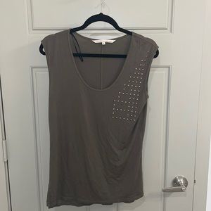Rachel Roy dark green shirt sleeve top with gold button detail